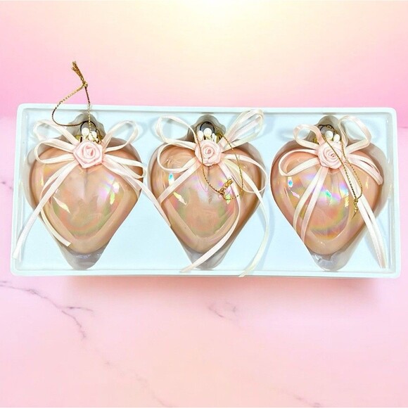 VTG Glass Heart Shaped Ornaments Lot of 3 Pink Iridescent Floral Bow Christmas - Picture 1 of 10